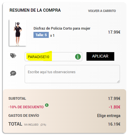 Instrucciones resumen de tu compra anadir codigo Disfrazzes